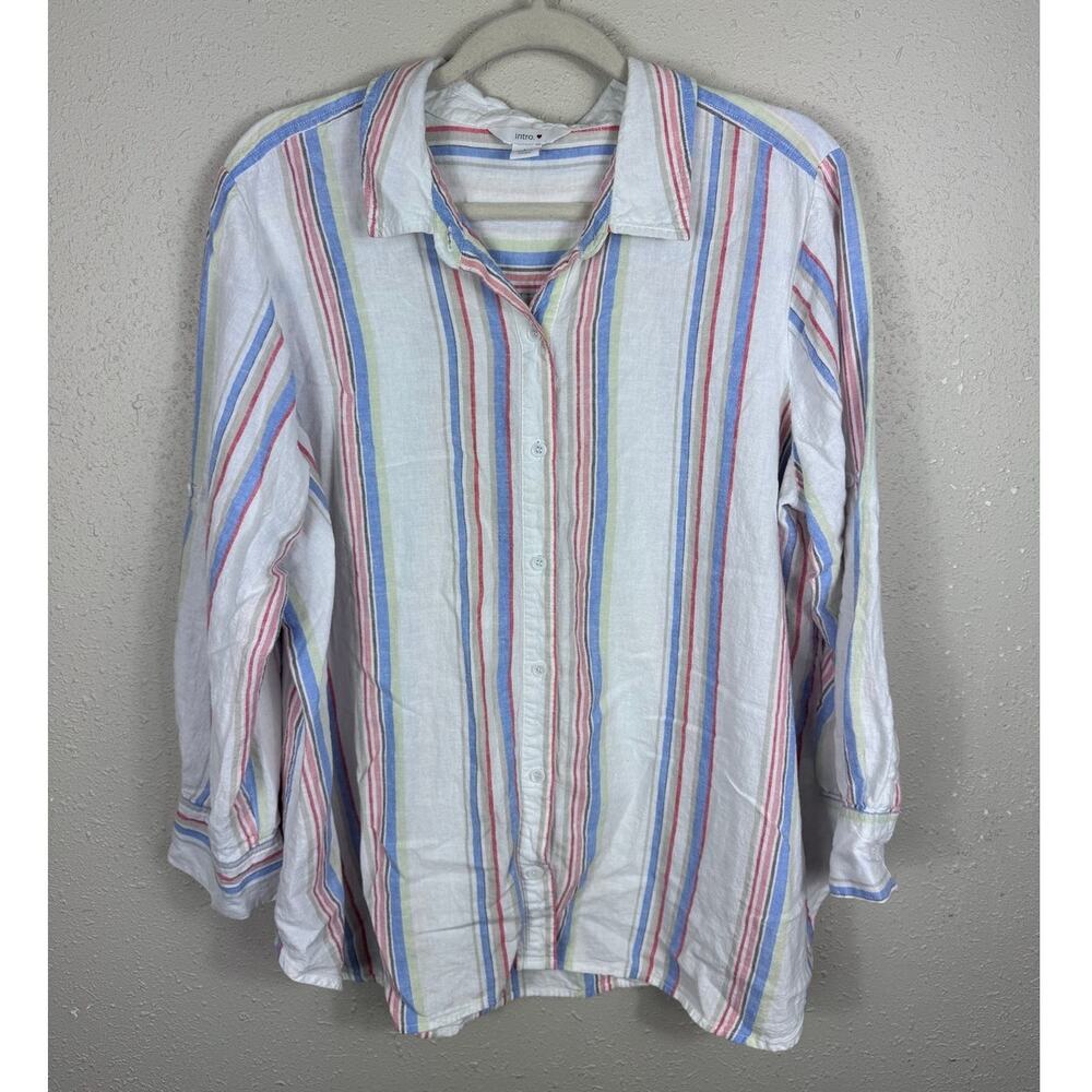 Intro Striped Linen & Rayon Vlend Button Up Top Womens Size Large
